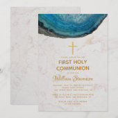 青い少年、初めての聖体拝領 ゲード マーブル ゴールド クロス 招待状 (正面/裏面)
