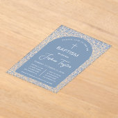 青い少年 洗礼 アーチ 花柄 命名式 アクリル招待状 (レイダウン)