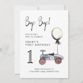 青い少年 1歳の誕生日 ヴィンテージ レース カー 招待状 (正面)