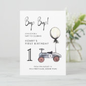 青い少年 1歳の誕生日 ヴィンテージ レース カー 招待状 (スタンド正面)