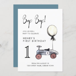 青い少年 1歳の誕生日 ヴィンテージ レース カー 招待状