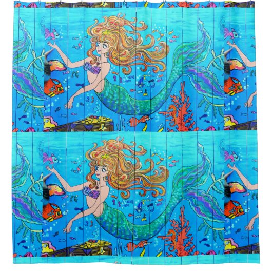 青い尾を持つ水中の赤毛の人魚 シャワーカーテン (正面)