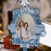 青い居心地の良い格子雪の冬の写真クリスマス オーナメントカード