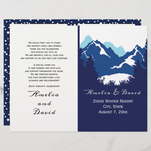 青い山と針葉樹の折り畳まれた結婚式のプログラム (正面/裏面)