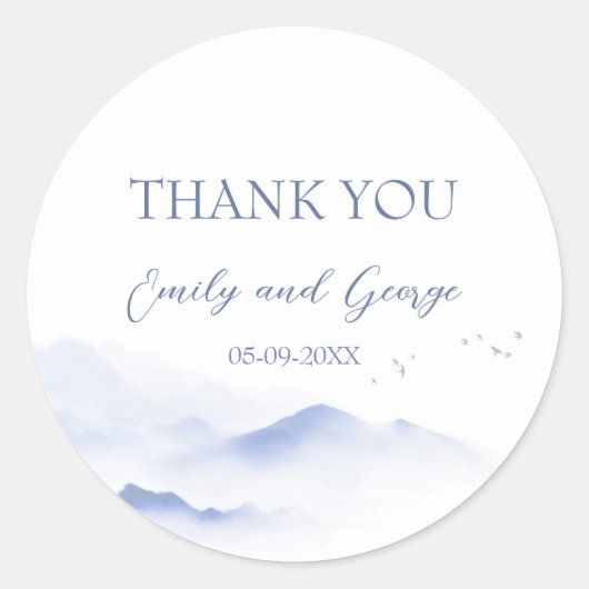 青い山と鳥の結婚式用シール ラウンドシール (正面)
