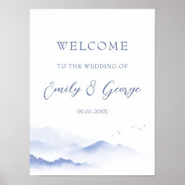 青い山と鳥の結婚歓迎ポスター ポスター