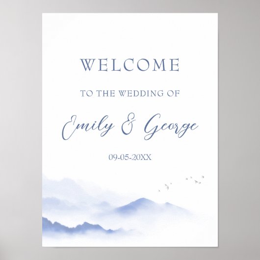 青い山と鳥の結婚歓迎ポスター ポスター (正面)