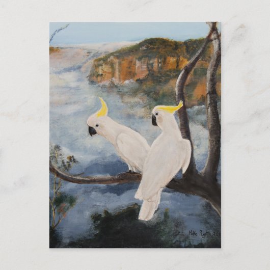 青い山の中の硫黄の冠を持つコカトオ ポストカード (正面)