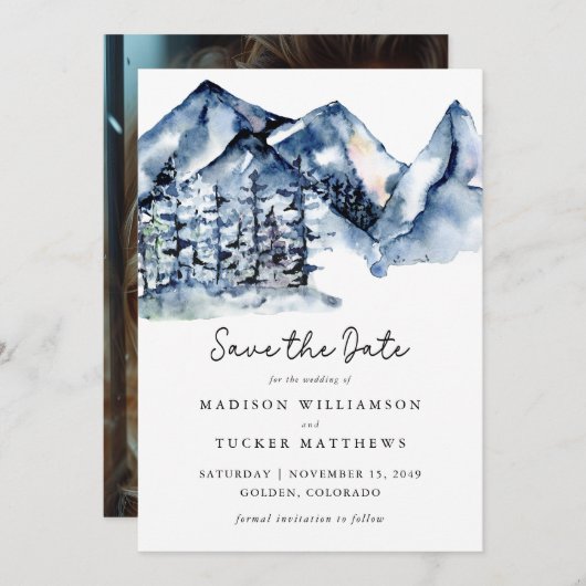 青い山の水の色の写真の日付を保存 セーブザデート (正面/裏面)