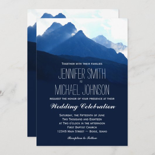 青い山地のシルエットの結婚式招待状 招待状 (正面/裏面)