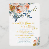 青い山花が赤ちゃん女の子のシャワーに向かっている 箔招待状 (正面)