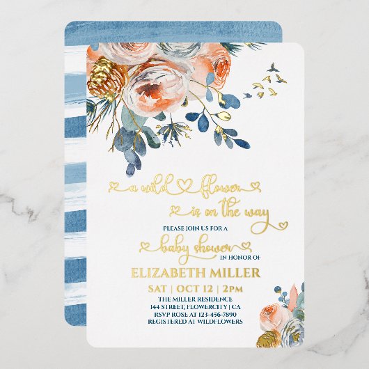 青い山花が赤ちゃん女の子のシャワーに向かっている 箔招待状 (正面/裏面)