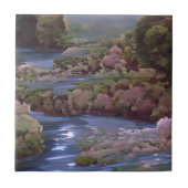 青い川の緑の木の森デジタルアート タイル (正面)