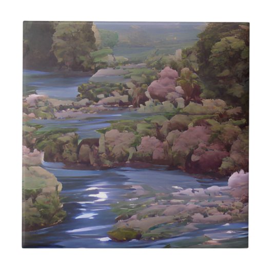 青い川の緑の木の森デジタルアート タイル (正面)