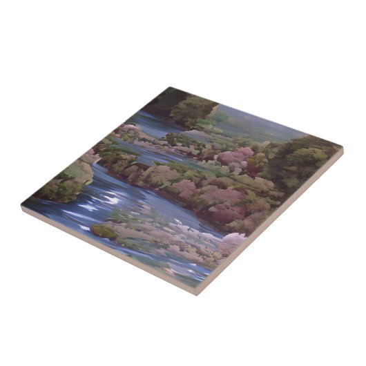 青い川の緑の木の森デジタルアート タイル (側面)