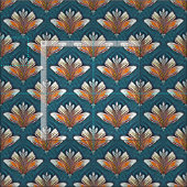 青い布にオレンジと白のダマスク ファブリック (タイル)