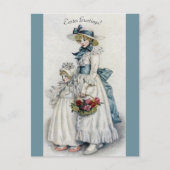 青い帯とボンネットイースターグリーティングの女の子 ポストカード (正面)
