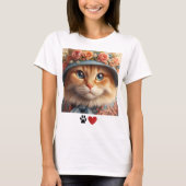 青い帽子に花を飾ったジンジャーの猫  猫好きさんにぴったり Tシャツ (正面)