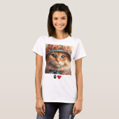 青い帽子に花を飾ったジンジャーの猫  猫好きさんにぴったり Tシャツ (正面フル)