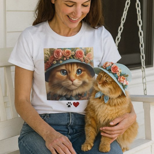 青い帽子に花を飾ったジンジャーの猫  猫好きさんにぴったり Tシャツ