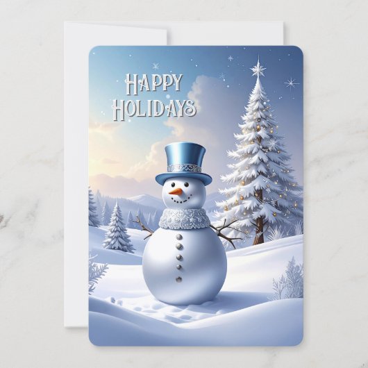 青い帽子の雪だるまのクリスマスツリーホリデーカード シーズンカード (正面)