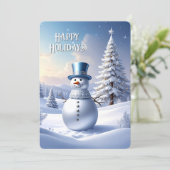 青い帽子の雪だるまのクリスマスツリーホリデーカード シーズンカード (スタンド正面)