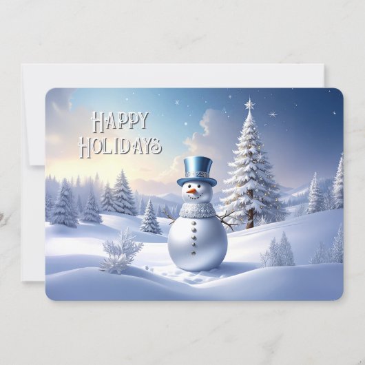 青い帽子の雪だるまのクリスマスツリーホリデーカード シーズンカード (正面)
