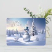 青い帽子の雪だるまのクリスマスツリーホリデーカード シーズンカード (スタンド正面)