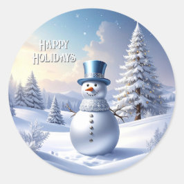 青い帽子の雪だるまのクリスマスツリーホリデーステッカー ラウンドシール