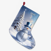 青い帽子の雪だるまのクリスマスツリーホリデーストッキング ラージクリスマスストッキング (正面 (吊り時))