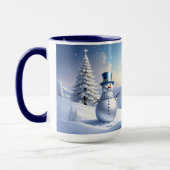 青い帽子の雪だるまのクリスマスツリーホリデーマグ マグカップ (左)
