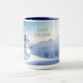 青い帽子の雪だるまのクリスマスツリーホリデーマグ マグカップ (中央)