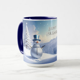 青い帽子の雪だるまのクリスマスツリーホリデーマグ マグカップ