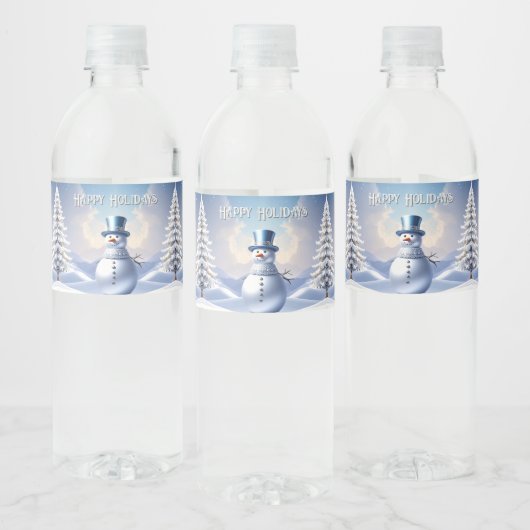 青い帽子の雪だるまのクリスマスツリー ウォーターボトル ラベル (ボトル)