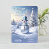 青い帽子の雪だるま クリスマスツリー ホリデーパーティー 招待状 (スタンド正面)