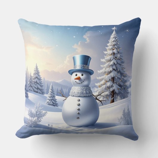 青い帽子の雪だるま クリスマスツリー ホリデー クッション (正面)