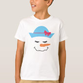 青い帽子をかぶった雪だるまの顔のキッズTシャツ Tシャツ (正面)