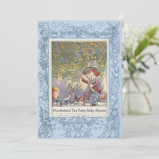 青い帽子屋の不思議の国のお茶会のベビーシャワー 招待状 (スタンド正面)