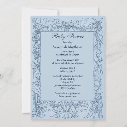 青い帽子屋の不思議の国のお茶会のベビーシャワー 招待状 (裏面)