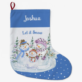 青い幸せな雪だるま一家のLet it Snow ラージクリスマスストッキング