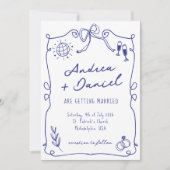 青い幻想的で風変わりな手描きのウェディング 招待状 (正面)