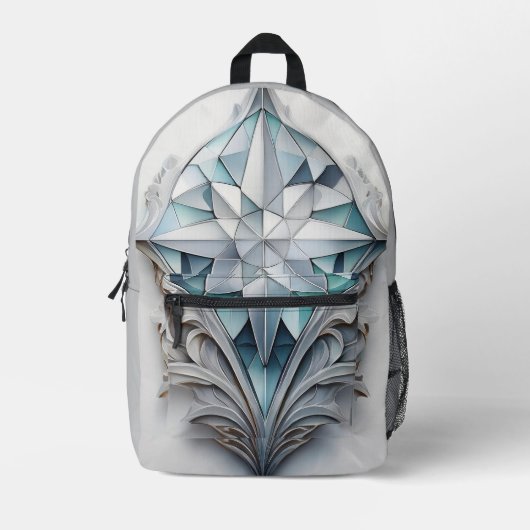 青い幾何学模様の十字形 プリントバックパック (正面)