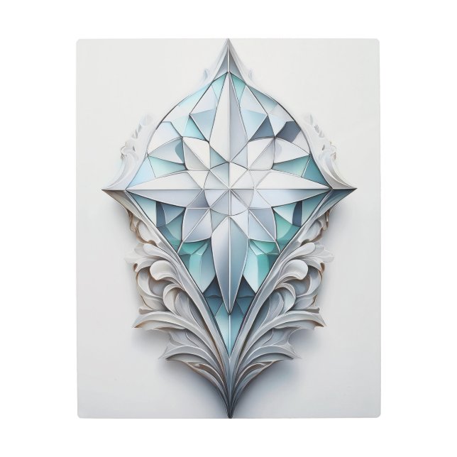 青い幾何学模様の十字形 メタルプリント (正面)