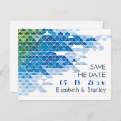 青い幾何学的な三角形の結婚式の日付を保存 案内ポストカード (正面/裏面)