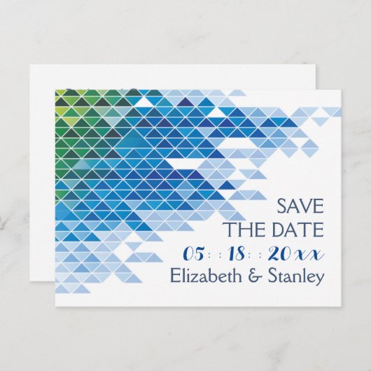 青い幾何学的な三角形の結婚式の日付を保存 案内ポストカード (正面/裏面)