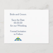 青い幾何学的な三角形の結婚式の日付を保存 案内ポストカード (裏面)