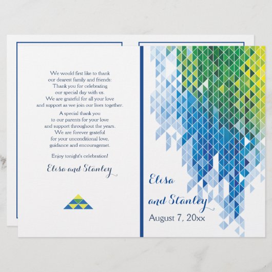 青い幾何学的な三角形モダンの結婚式プログラム (正面/裏面)