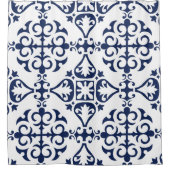 青い幾何学的な装飾用モロッコタイル シャワーカーテン (正面)