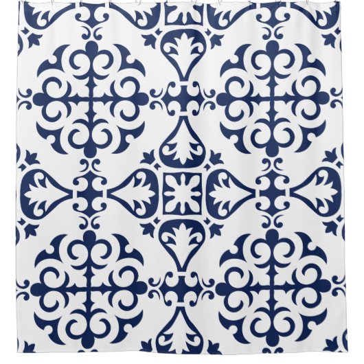 青い幾何学的な装飾用モロッコタイル シャワーカーテン (正面)