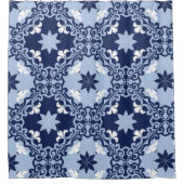 青い幾何学的な装飾用モロッコタイル シャワーカーテン (正面)